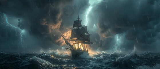 Obraz premium A pirate ship navigating turbulent waves under a dark and ominous sky, with lightning striking in the distance ,3DCG,high resulution,clean sharp focus