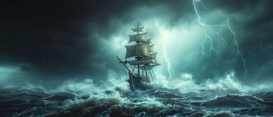 A pirate ship navigating turbulent waves under a dark and ominous sky, with lightning striking in the distance ,3DCG,high resulution,clean sharp focus