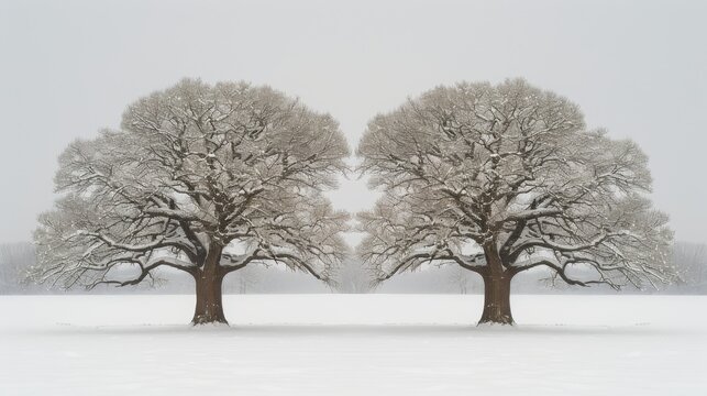   A couple of trees stand tall amidst the snow-covered field in the center of the image