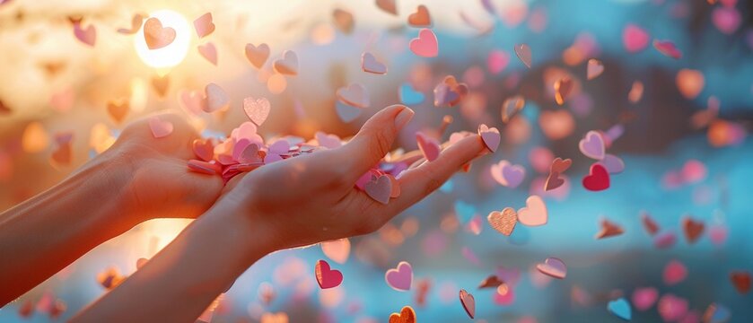 A pair of delicate hands gently releasing colorful hearts into the sky ,3DCG,high resulution,clean sharp focus