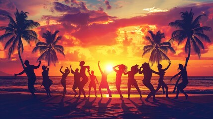 Summer sunset beach party with joyful dancing silhouettes - obrazy, fototapety, plakaty