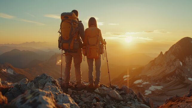 Couple of man and woman hikers on top of mountain at sunset or sunrise, together enjoying climbing success and the breathtaking view, looking towards the horizon. For Design, Background, Cover, Poster
