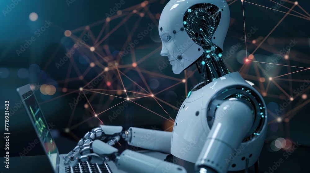 Poster illustration of robot humanoid using laptop, symbolizing global network powered by ai.