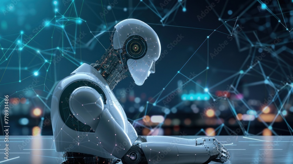 Poster ai thinking and machine learning. robot humanoid at table