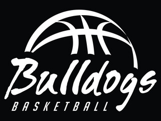 Bulldogs Basketball Team Graphic White Version is a sports design template that includes graphic Bulldogs text and a stylized basketball. This is a great modern design for advertising and promotions.