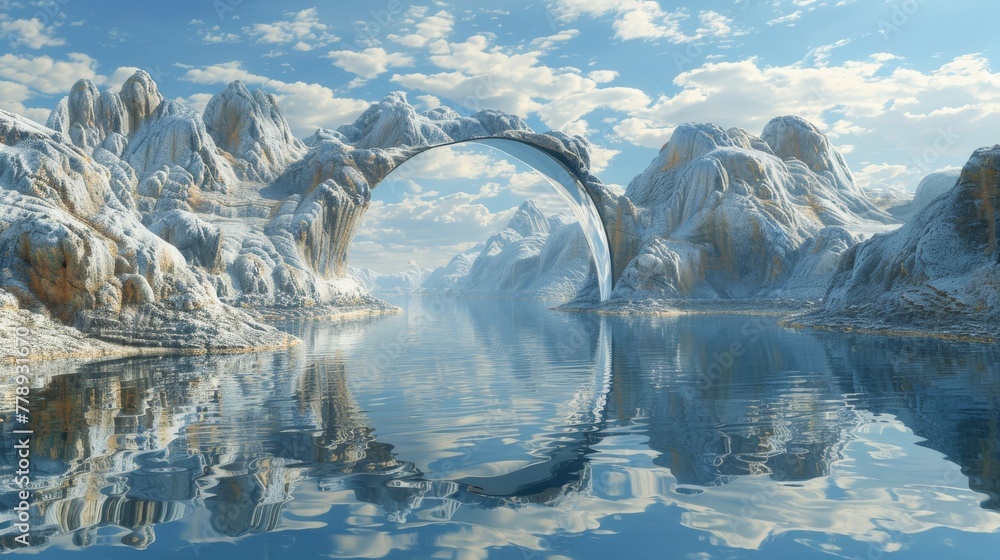 Poster rendering of a seascape with mountains and mirror arches in 3d.