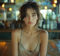 Slim Beauty: Captivating young lady with long brunette hair wearing a simple cocktail dress. Portrait, attractive French girl, first date night
