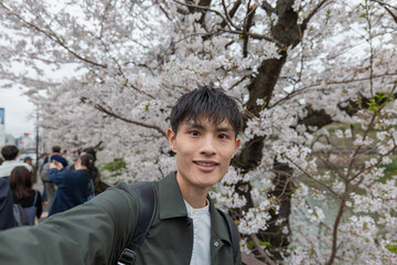満開の桜の木を背景に自撮りする男性