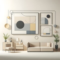 Interior of modern living room with beige walls, concrete floor, wooden cupboard, round mirror and plant. 3d rendering generated by ai
