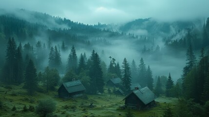   A dense woodland shrouded in mist, brimming with towering trunks and a pair of modest abodes nestled amidst the foliage (30 tokens - obrazy, fototapety, plakaty