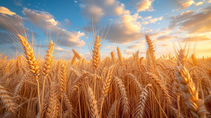 Golden wheat field, blue sky, white clouds, sunset - obrazy, fototapety, plakaty