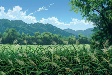 Fototapeta na wymiar Serene Mountain Landscape with Lush Green Grass