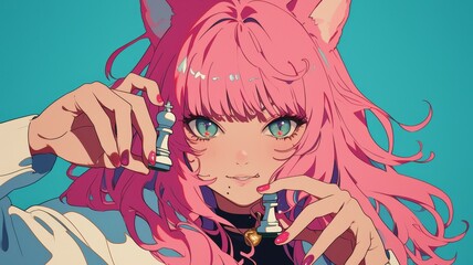 A playful catgirl stares into the camera, her pastel pink hair framing her face in a close-up shot. With a mischievous grin, she holds a miniature chess piece, blending minimalism and lofi vibe, anime - obrazy, fototapety, plakaty