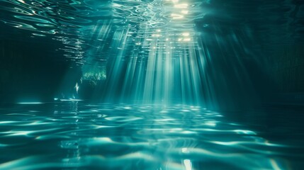 This is a 3D render of a swimming pool with colorful sunrays shining through it and underwater caustic.