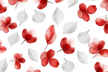 Red flower petals and leaves on white background seamless watercolor pattern spring floral backdrop