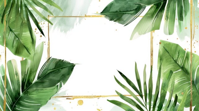 Abstract watercolor illustration with square frames, tropical palm leaves and golden brushstrokes isolated on white