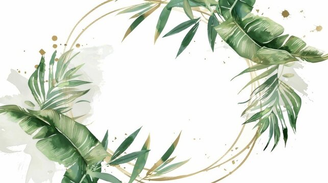 Oval frame decorated with gold and green tropical palm leaves and brush strokes. Watercolor illustration isolated on white background.
