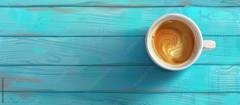 Poster an electric blue cup of coffee is resting on a rectangleshaped azure wooden table, creating a striki
