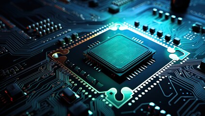 Close-up of electronic circuit board with microchip. Technology concept