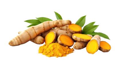 Fresh raw organic turmeric on white isolated on clear png background and transparent background. Vegetable and food concept for health, AI generative.	
