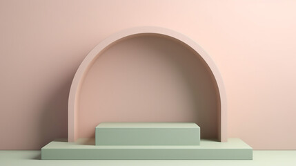 3d render. Mockup display product podium stand stage. Green olive sage pink rose brown gray set background. Arch niche shelf showcase wall room. Pale pastel dusty color. AI Generative