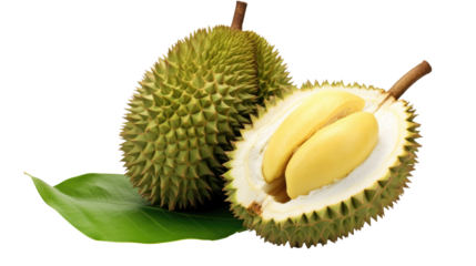 Fresh raw organic durian on white isolated on clear png background and transparent background. fresh and organic concept for health, AI generative.	

