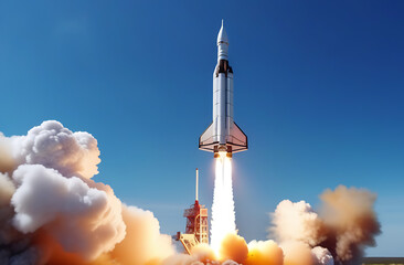 Photo of a rocket launching into the sky. Plumes of smoke near in the sky