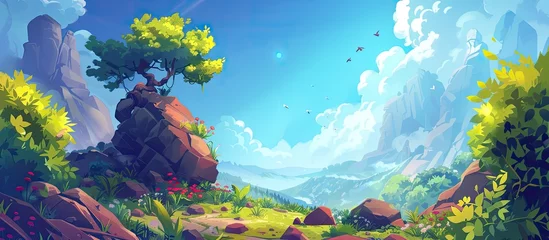 Wandcirkels tuinposter A natural landscape painting featuring a tree growing on a rock with lush green grass, set against an azure sky with fluffy clouds in the background © AkuAku