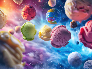 Obraz na płótnie Canvas Ice cream in space, with planets as different flavors, closeup, National Ice Cream concept
