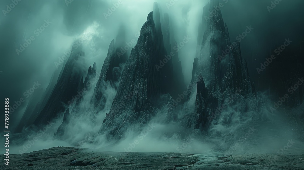 Poster a cluster of boulders surrounded by a lake, with a mountain range visible behind and hazy mist prese