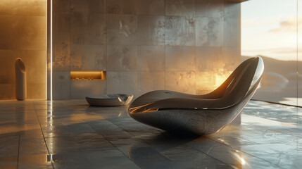 Modern Luxurious Interior with Designer Lounge Chair at Sunset