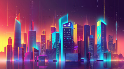 Retro-futuristic city skyline with glowing skyscrapers