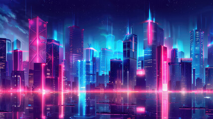 Fototapeta na wymiar Retro-futuristic city skyline with glowing skyscrapers