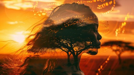 An artistic double exposure photo of the woman's silhouette filled with images of sunset, trees and ocean
