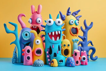 Colorful Handmade Monster Figurines on Yellow Background