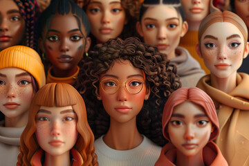 illustration of Girl Power. Multi-ethnic group of beautiful women, 3D render, 3DCG, super detailed