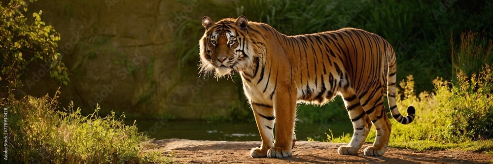 Wall mural Close-up of a Sumatran tiger in a jungle.with Generative AI technology	
