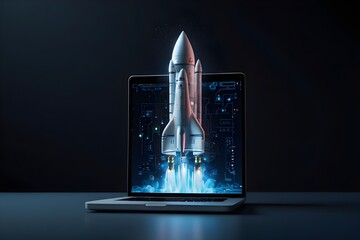 Launching a rocket from a smartphone of the future, a notion combining creative and technological ideas Idea of a rocket emerging from a laptop screen represents creativity and innovation.

