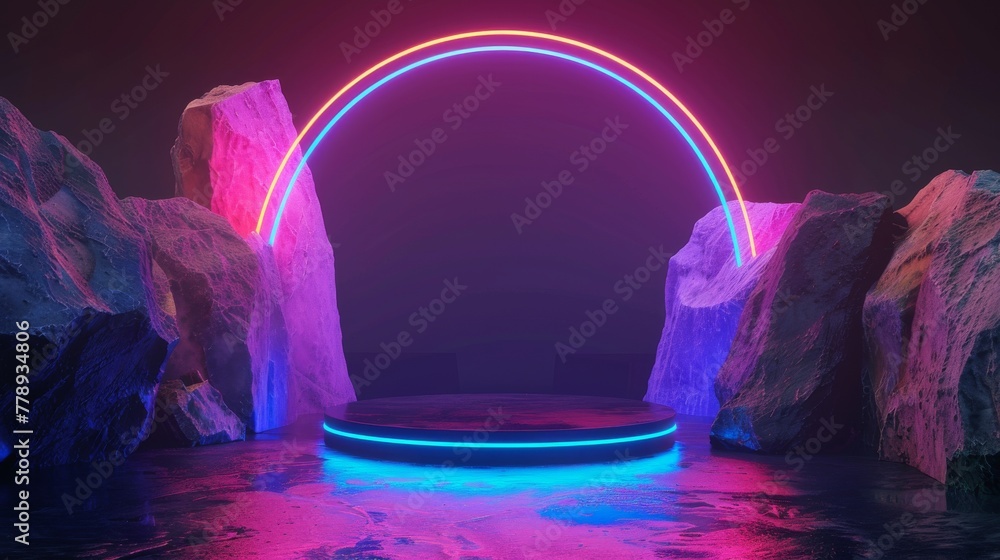 Poster a rendering showing an abstract background with colorful neon lights. stones, glowing arch, and podi