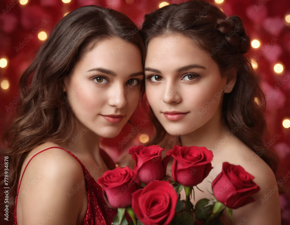 Wall mural Two girls dressed in bright red dresses are standing in front of a red background. They are both holding red roses, looking elegant and appropriate. 