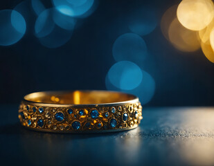 A detailed view of a gold ring against a blue background, showing its intricate design and sparkling gemstones.