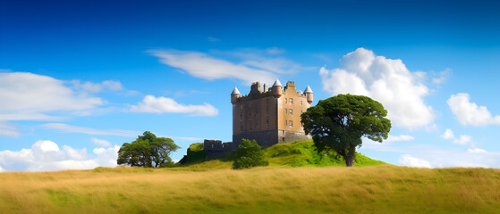 Scottish landscape with old castle. Illustration with beautiful landscape.	