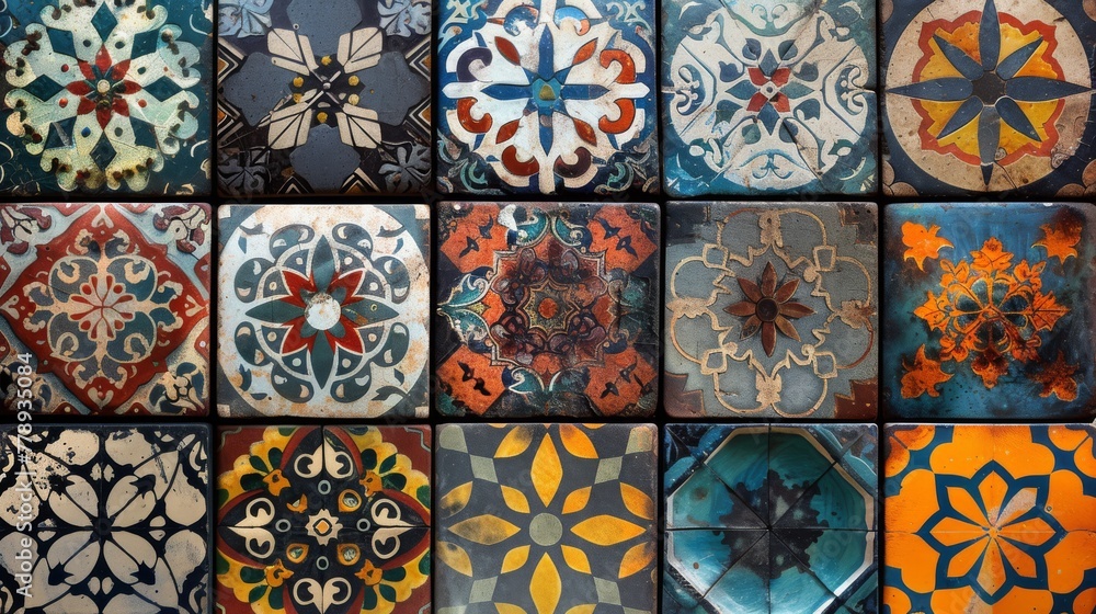 Poster a macro shot of an array of colorful and patterned tile pieces, enclosed by a dark frame