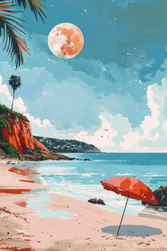 Tropical Beach Paradise with Moonrise Illustration