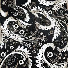 black paisley,white background,vector graphic, seamless pattern, japonisme, harajuku outfit, khokhloma