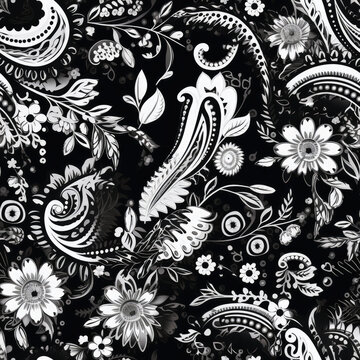 black paisley,white background,vector graphic, seamless pattern, japonisme, harajuku outfit, khokhloma