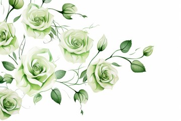 Green roses watercolor clipart on white background, defined edges floral flower pattern background with copy space for design text or photo backdrop minimalistic  - obrazy, fototapety, plakaty