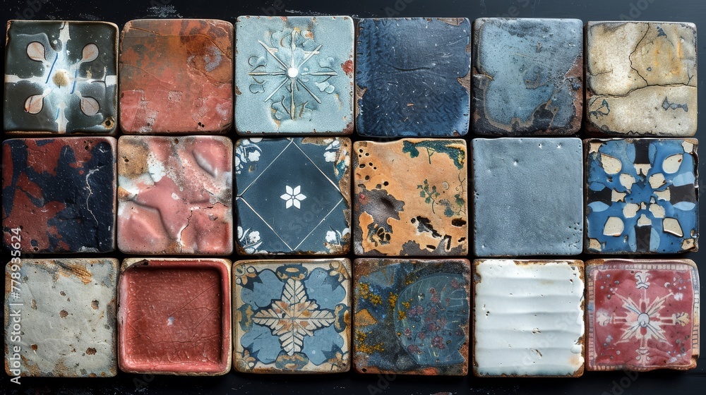 Poster a collage of multicolored squares arranged on a dark background with a single white snowflake adorni