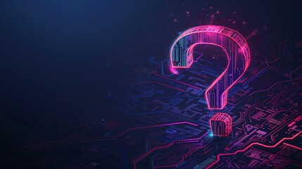 An abstract pink and blue neon banner with a question mark. Technology, science concept. Horizontal image with copy space. - obrazy, fototapety, plakaty