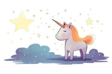 Wandcirkels Eenhoorn kid drawing,simple unicorn and stars,minimal flat cartoon  © Mongkol